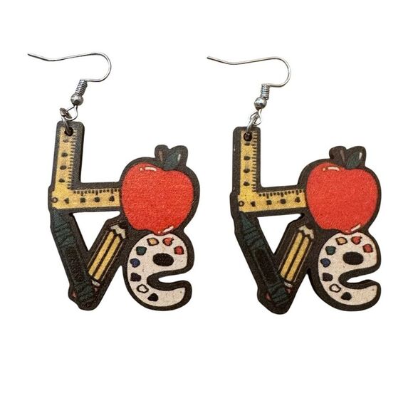 “LOVE” earrings with apple, pencil, ruler, crayons, Perfect for teachers! - Picture 1 of 1